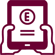 Outline of hands holding tablet with graphic on screen implying an eBook is displayed.