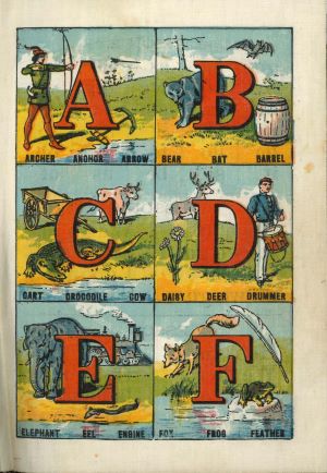 Page from book illustration with alphabet letters A-F and character illustrations.