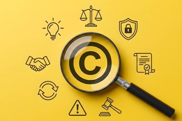 The copyright symbol in the center with a magnifying glass on top of it. Surrounding this are different icons that represent open access, author rights, and more.
