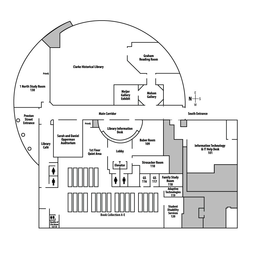 Diagram of the floor layout for the 1st floor of the Park Library.