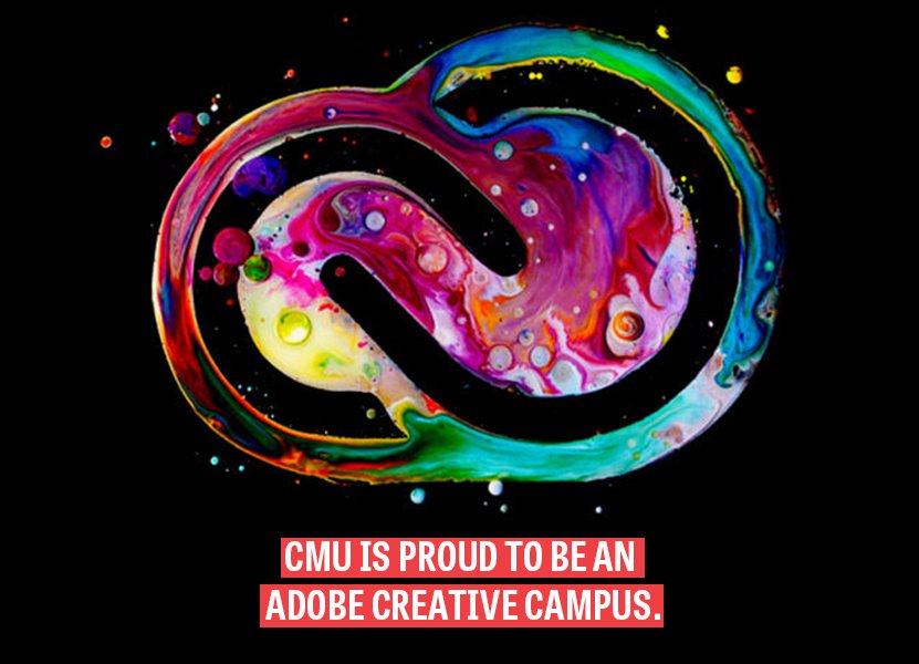 a colorful figure eight design with text CMU is proud to be an Adobe Creative Campus