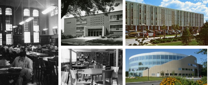 100 years blog-1-Blog_Body Header_730x300 Collage of photos of the library over the last 100 years from when it was in Warriner hall, to ronan hall and present day Charles V Park.