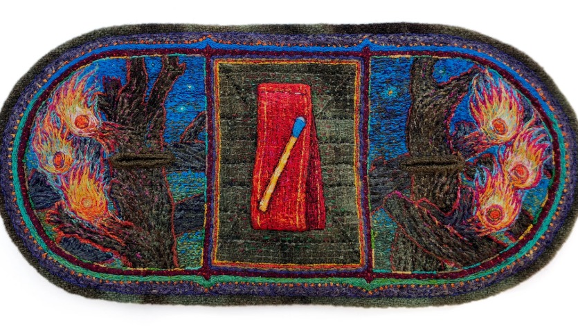 Tom Lundberg, Flame Tab, embroidery, cotton and silk wool threads on wool and cotton fabrics, 4” x 10”, 2019