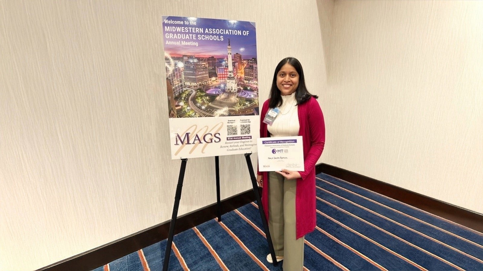 CMU student Shilpa Alamuri posing before her final 3MT presentation.