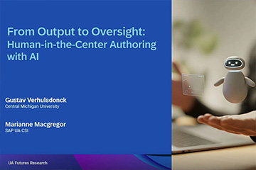 Presentation slide titled “From Output to Oversight: Human-in-the-Center Authoring with AI” by Gustav Verhulsdonck and Marianne MacGregor.