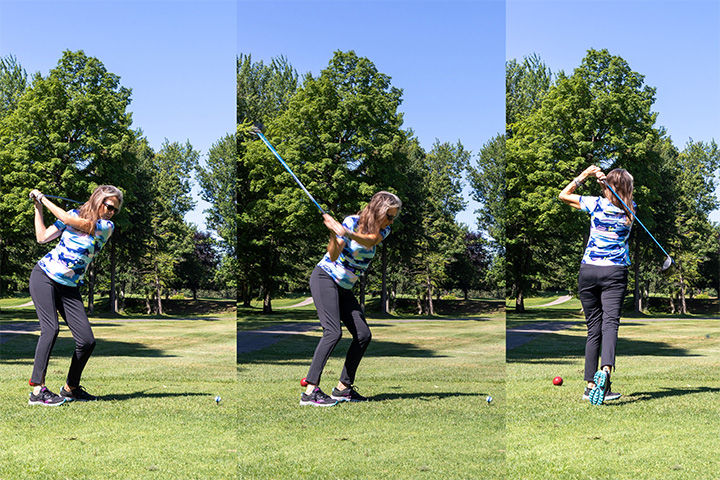 Deborah Gray is shown on a golf course in a composite of three different moments of her golf swing