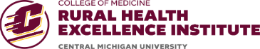 Logo of the Rural Health Excellence Institute. It features a maroon and gold emblem with the letter 