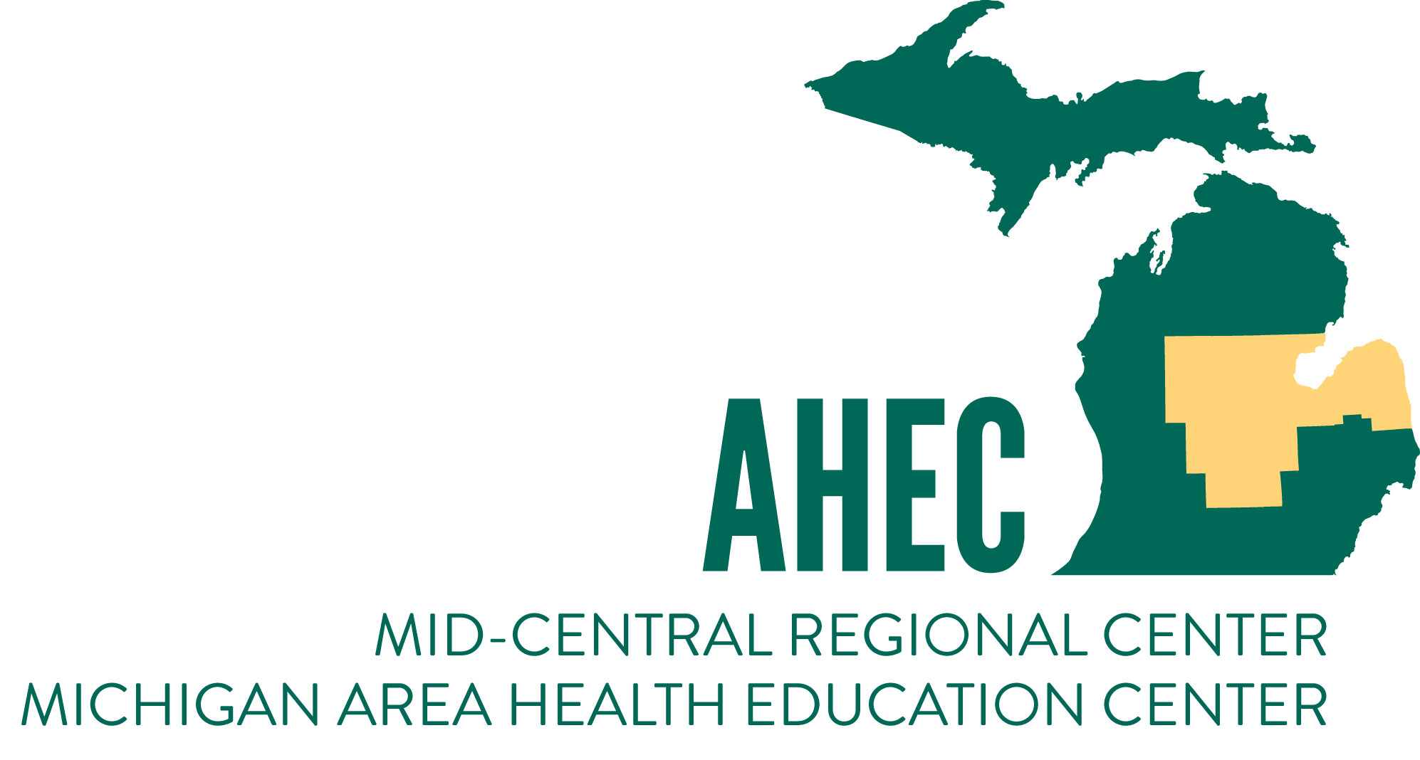 A green map of Michigan with the central region shaded in gold and labeled AHEC above the text Mid-Central Regional Center Michigan Area Health Education Center.