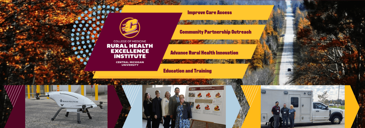 College of Medicine graphic A collage with the Central Michigan University College of Medicine’s Rural Health Excellence Institute logo and core values that read improve care resources, community partnership outreach, advance rural health innovation, and education and training.