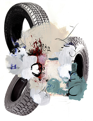 Artwork by Martin Venezky. Three tires on a white background with paint and ink splotches.