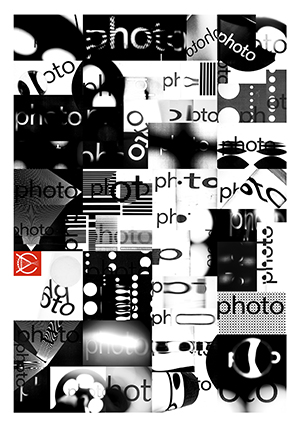 Artwork by Martin Venezky, greyscale collage of the word photo with many fonts and backgrounds.