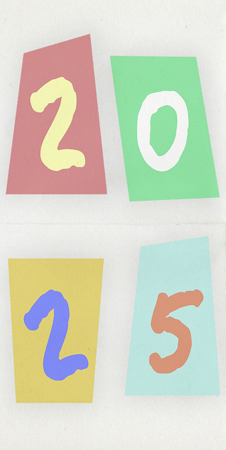 The year 2025 written out on a white back ground with multicolored tiles foe each individual number