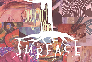 Poster for the Spring 2025 Exhibition. It is a collage of many paintings with a tree trunk and roots painted in the foreground. The words 