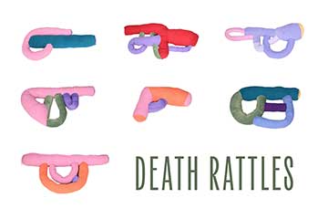 20251114_Event_DeathRattles_003_360x240 Several soft sculptures of various types of guns in multiple colors. The words