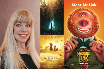 Headshot of Brenda Baumgarten in front of a soft pink backdrop, along with three cover photos of films she has work on; Wildwood, The Little Prince, and Missing Link