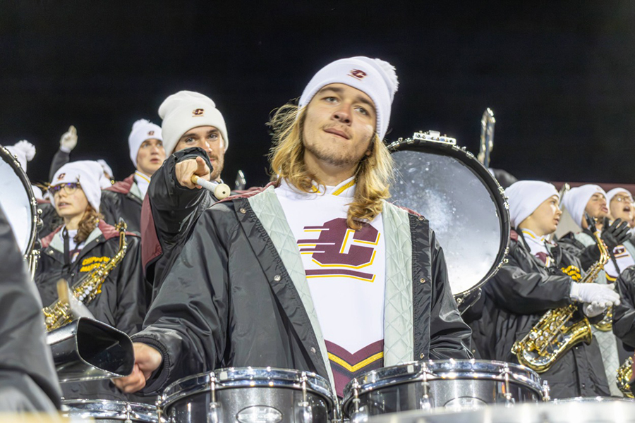 Closeup of the CMU Marching band drumline