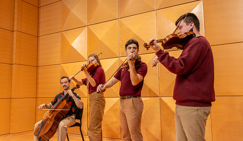 The CMU Graduate String Quartet performing in Chamichian Chamber Music Hall.