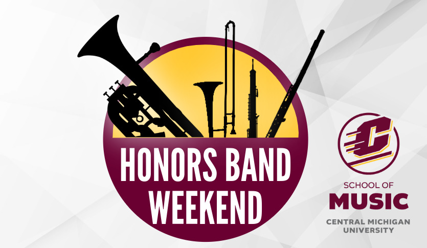 A maroon and gold logo with instruments on top with text that says Honors Band Weekend.