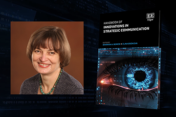 Headshot of Elina Erzikova next to am image of the book titled Handbook of Innovations in Strategic Communication.
