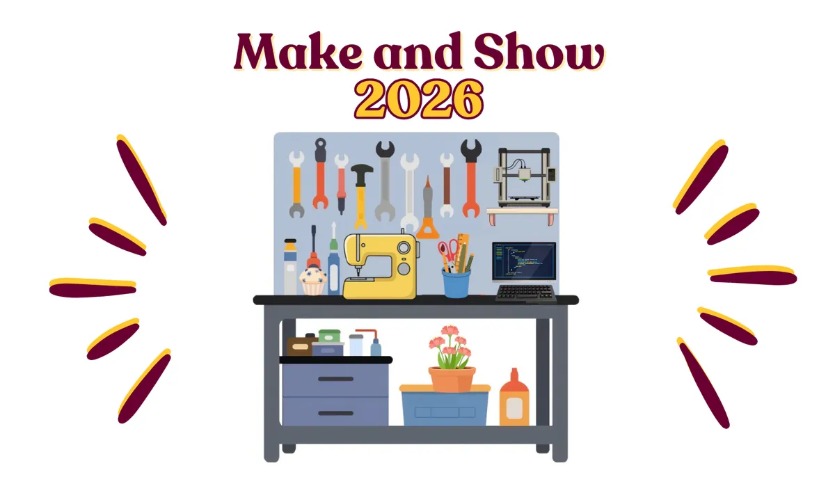 Graphic for Make and Show 2026 that illustrates a table surrounded by various tools and a plant.