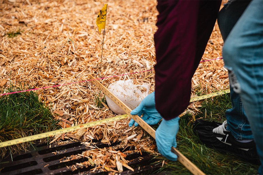 A person with gloved hands uses a ruler and measuring tape to examine a synthetic bone in a mock crime scene.