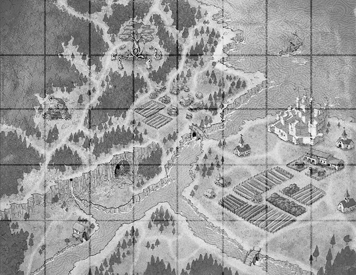 Artwork designed by Tak Moran showing a map of a village with roads, trees, homes and a castle.