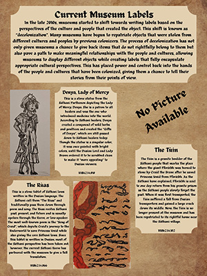 Image of descriptive labels and drawings on a brown background created by Samantha Krayniak for the new game The Blue Way.