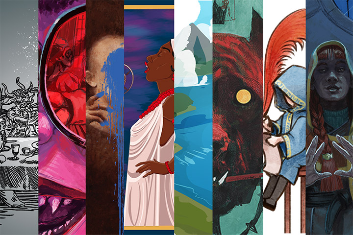 Collage of 8 game covers published by CMich Press that include figures wearing cloaks and vampire teeth and beasts.