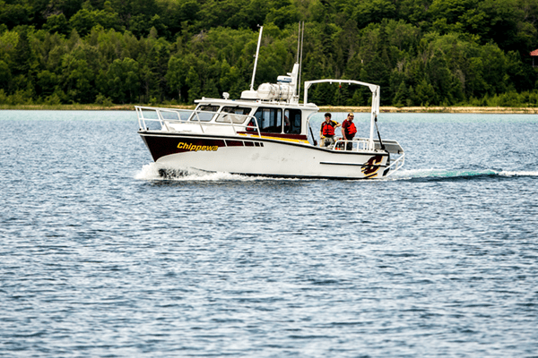 Two researchers aboard the MV Chippewa.