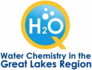 Water Chemistry in the Great Lakes Region Logo a golden capital Q with filled with light blue ahd H2O with bubbles around it