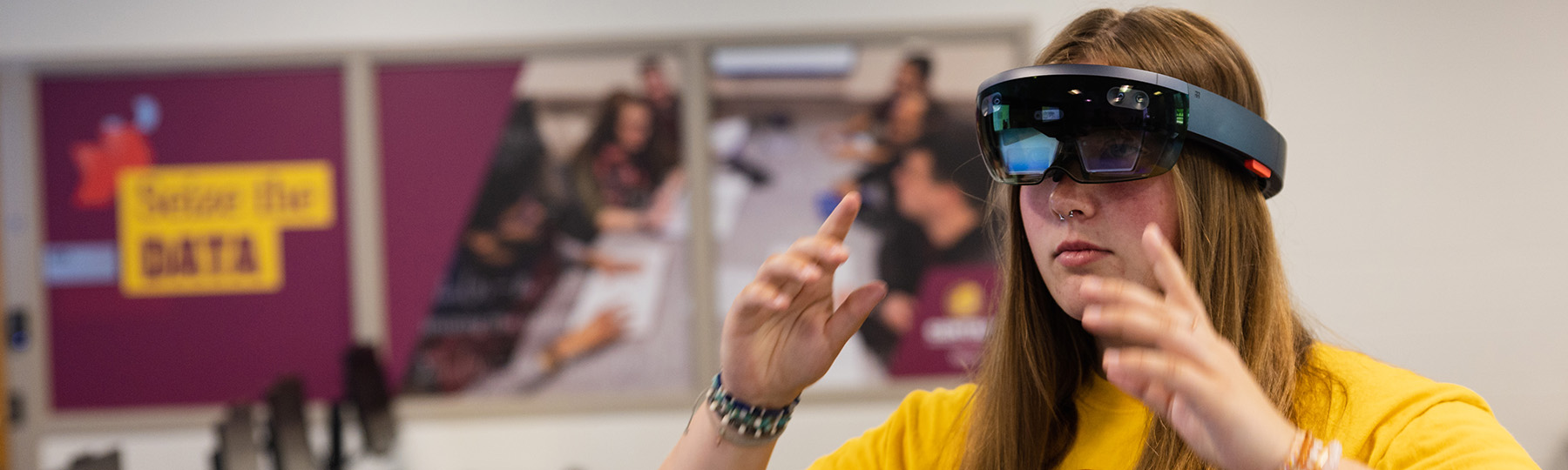 A woman wearing a virtual reality headset