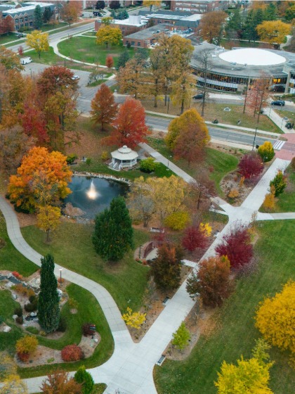 A birds eye view of leafy trees with fall colors, green grass, white walkways and buildings