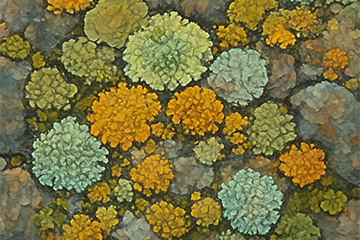 A group of lichens blooming in shades of green and orange on rocks.