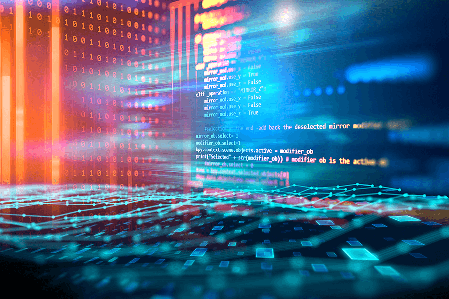 A colorful illustration of the internet above a keyboard, meant to convey computer science.