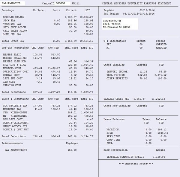 mock_employee_pay_statement Example of a biweekly CMU employee earning statement