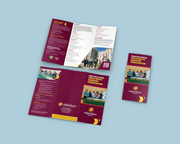 College of Health Professions, Public Health major brochure mockup. Featuring the open brochure as well as closed showing content about the major.
