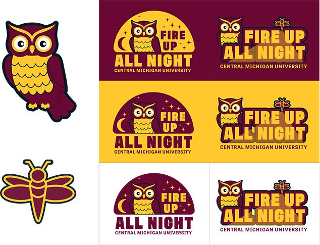 Branding for SAI event, Fire Up All Night, featuring a firefly lighting up those words and a horned owl to the left.