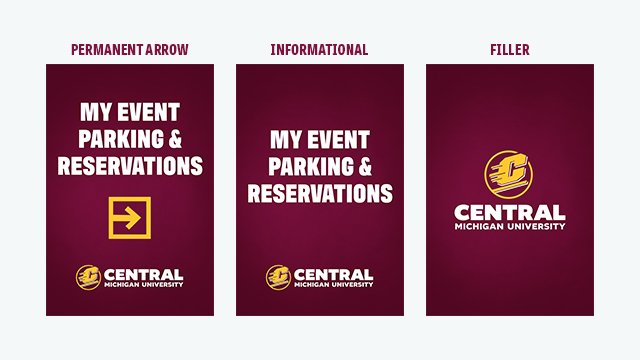 Examples of outdoor way-finding insert options; including permanent arrow, informational and filler options. 