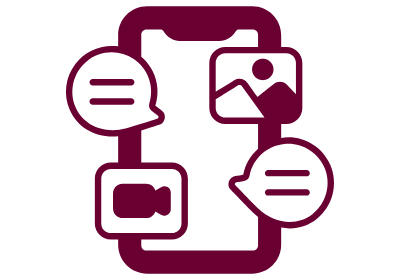 Cell phone icon with a photo, video, and text bubble.