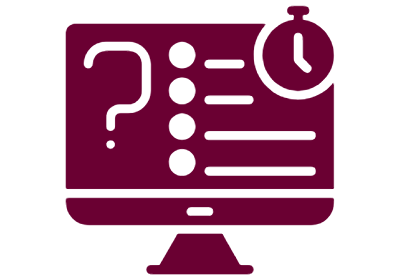 Knowledge Base icon. Question mark, bulleted list of text, and timer icon on a computer screen.