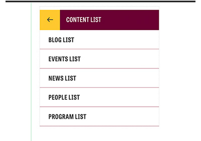 A screenshot of the various lists you can add through the content list including the blog, events, news, people and program list.