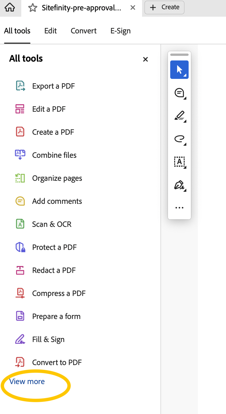 Screenshot of left panel menu in Adobe Acrobat with View More circled in gold