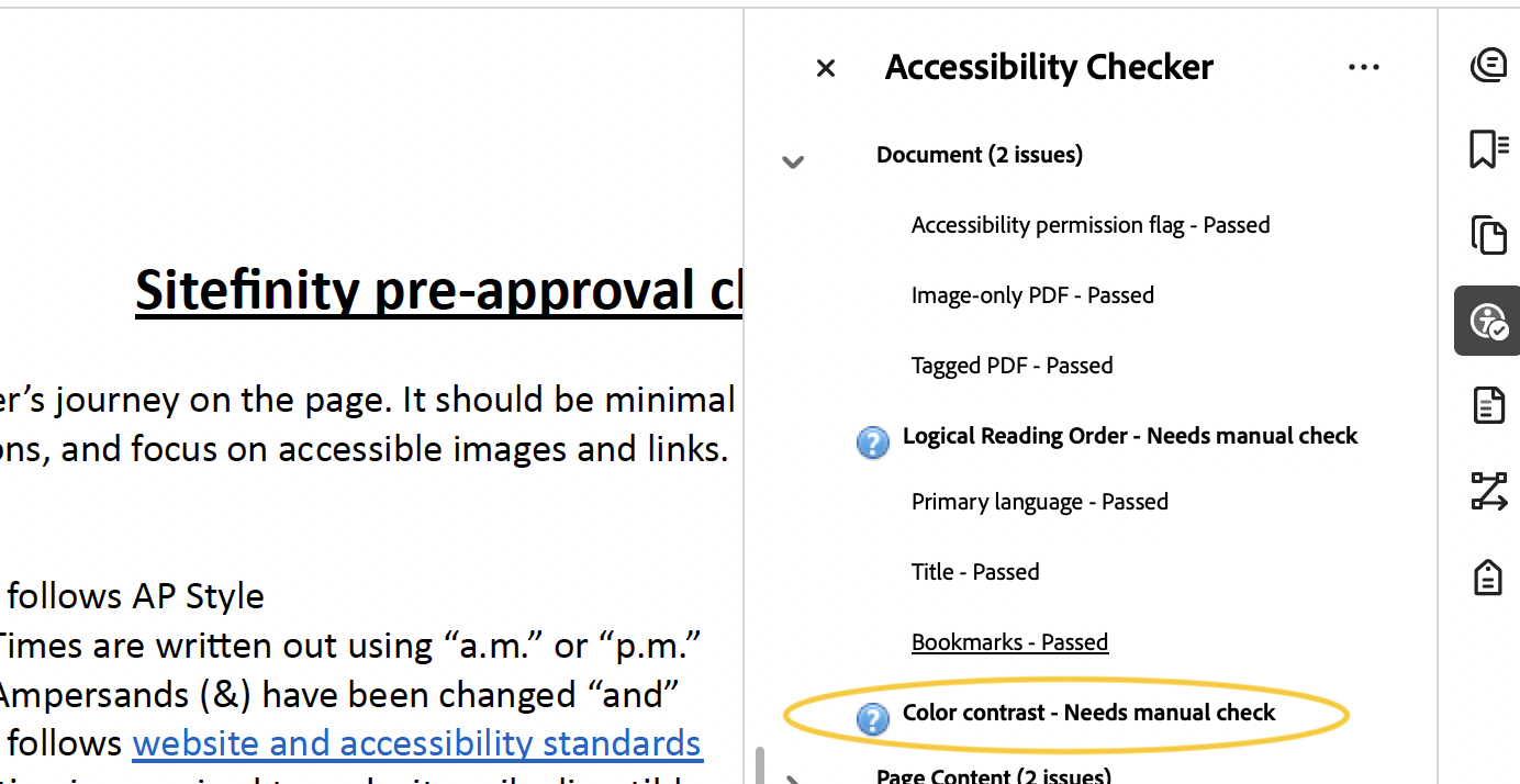 Screenshot of adobe acrobat accessibility report with gold circle around Color Contrast