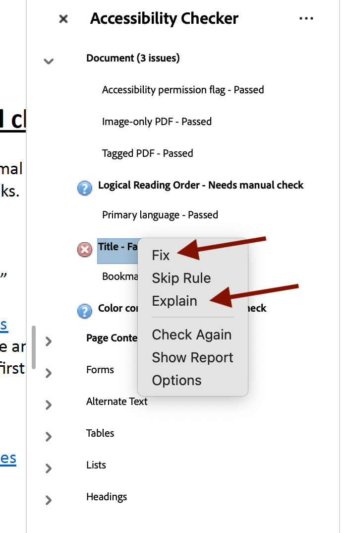 Screenshot of adobe acrobat accessibility report with two maroon arrows pointing to Fix and Explain