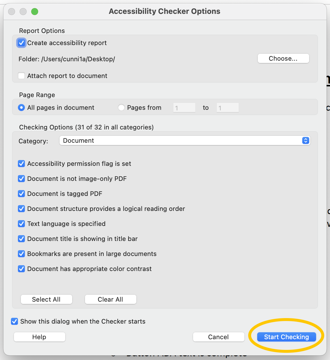 Screenshot of adobe acrobat accessibility report with all check options selected and gold circle around Start Checking