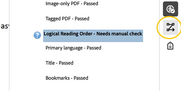 Screenshot of adobe acrobat right side menu with gold circle around the check reading order icon