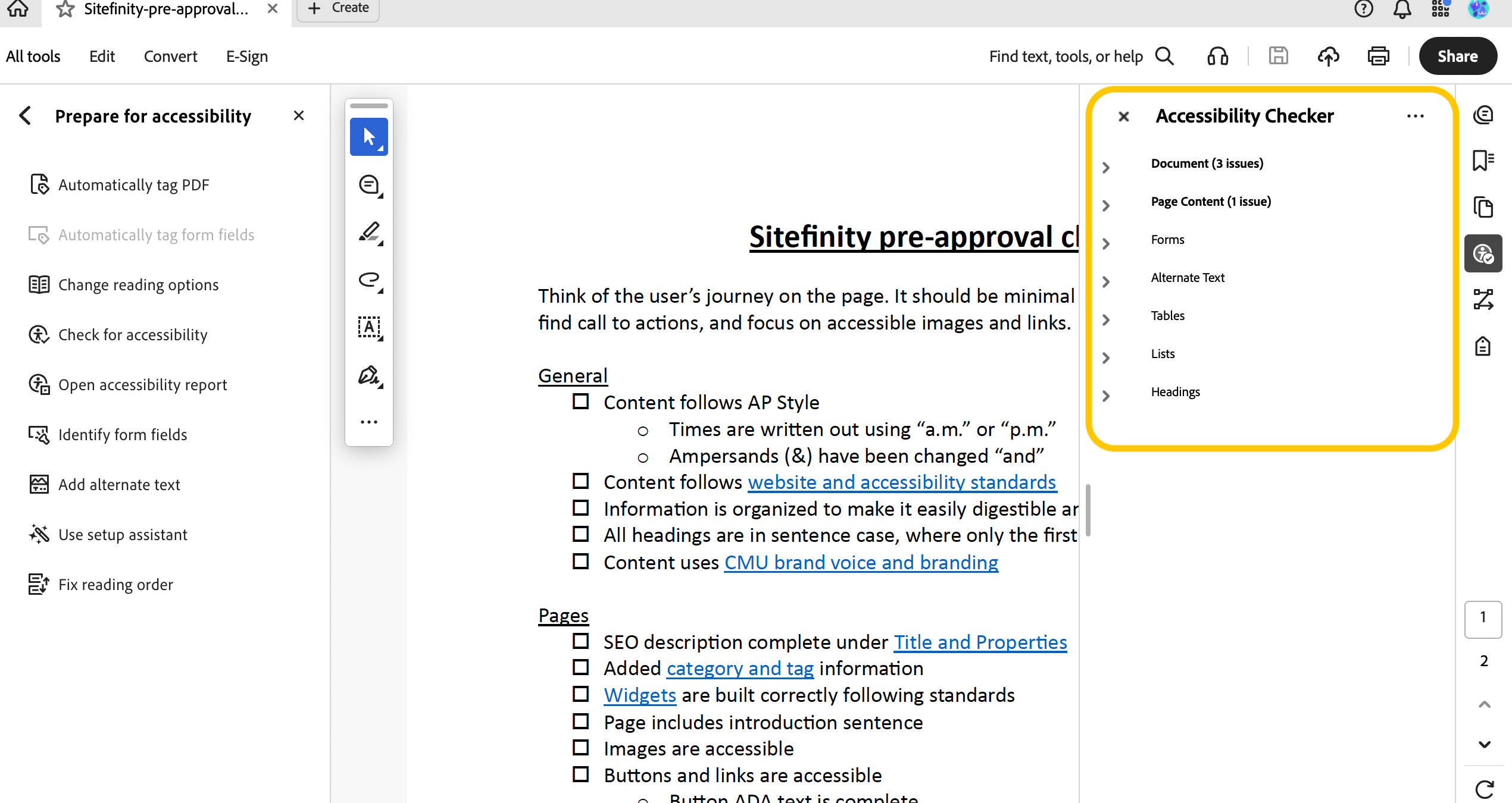 Screenshot of adobe acrobat accessibility report results with a gold box around the results on the right side of the screen