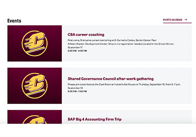 A screenshot of the events section on the page in Sitefinity showing three events and links to them.