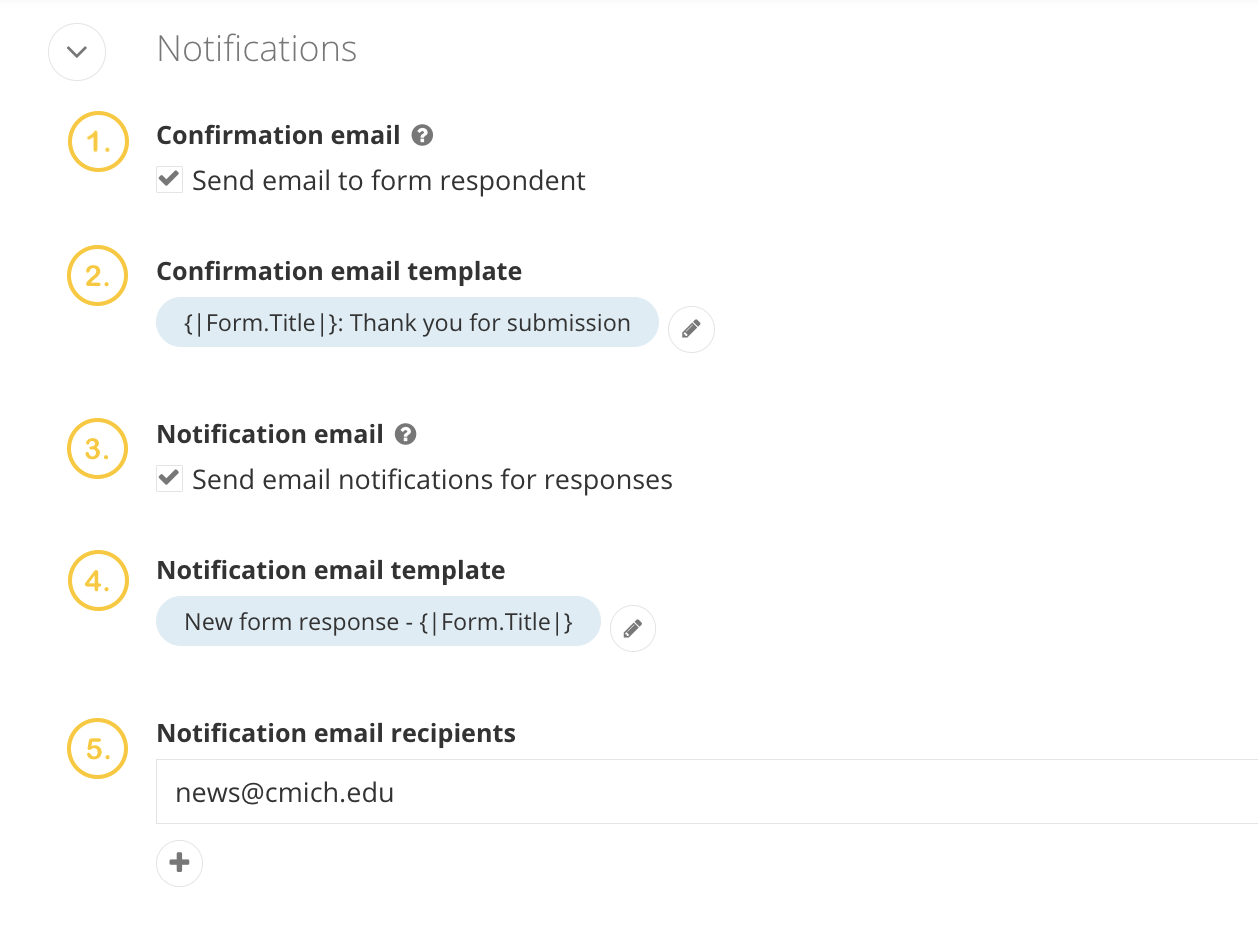 A screenshot of the notification section under title and properties for forms in Sitefinity.