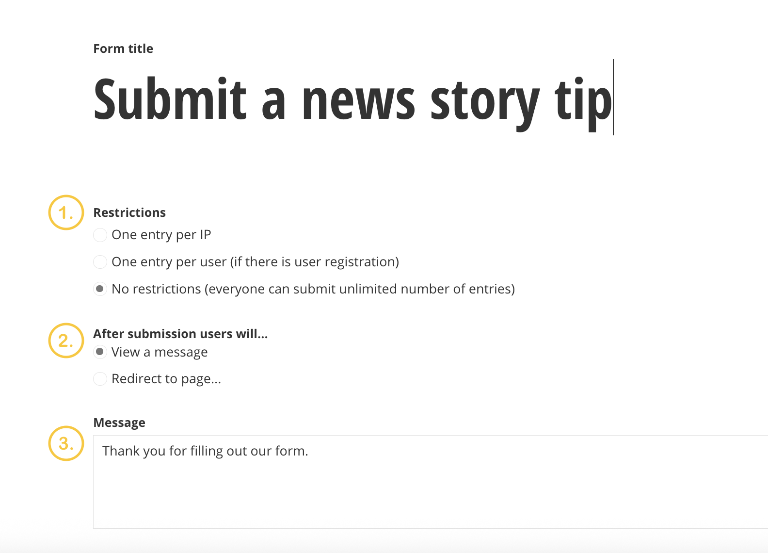 A screenshot of the top section under title and properties of a form in Sitefinity.